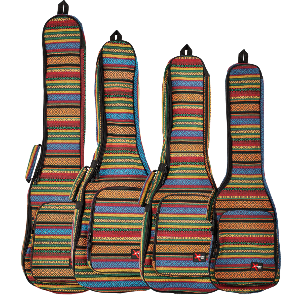 Four Xtreme TB705 guitar gig bags lined up side-by-side, showcasing a vibrant bohemian striped weave pattern in blue, red, yellow, and green, with black trim and a small logo patch.