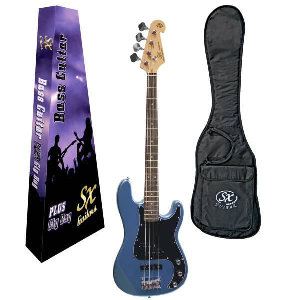 Lake Placid Blue SX VEP62 bass guitar featuring a split-coil pickup and vintage body contours showing display box and gig bag