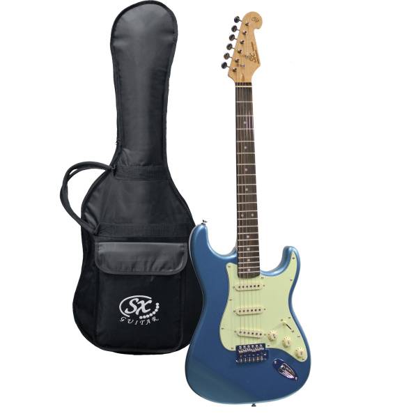 Lake Placid Blue SX VES62LPB vintage style electric guitar featuring a tremolo bridge and three single-coil pickups, displayed alongside its included black gig bag.