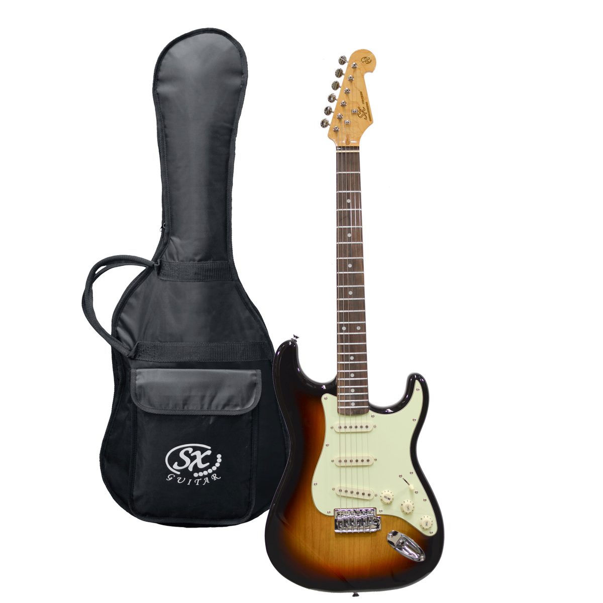 Sunburst SX VES62TS vintage style electric guitar featuring three single-coil pickups and a tremolo bridge, displayed alongside its included black gig bag.