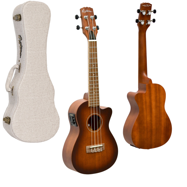 Front and back views of a sunburst finish cutaway concert ukulele with side-mounted electronics, positioned next to a textured hard case.