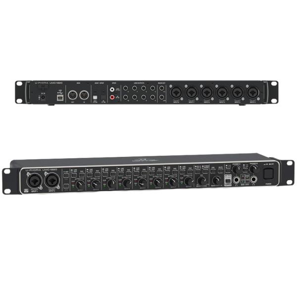 The front panel of the black Behringer U-Phoria UMC1820 rackmount interface, showing eight combo inputs, gain knobs, and dual headphone outputs.