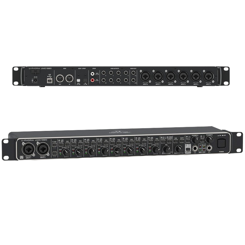 The front panel of the black Behringer U-Phoria UMC1820 rackmount interface, showing eight combo inputs, gain knobs, and dual headphone outputs.