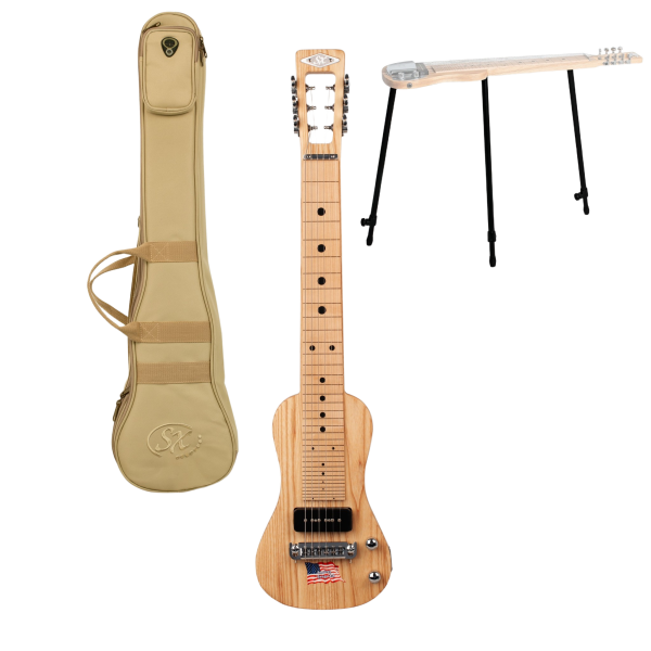 SX LG22N natural ash lap steel guitar shown with carrying gig bag and adjustable stand.