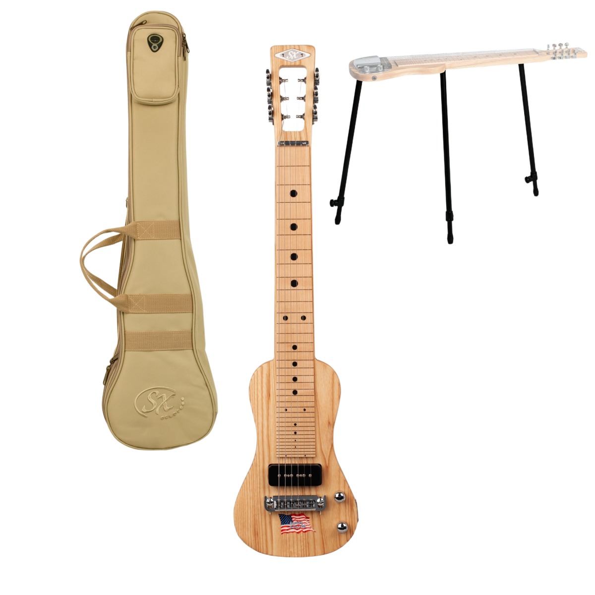 SX LG22N natural ash lap steel guitar shown with carrying gig bag and adjustable stand.