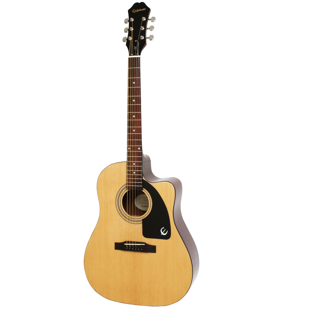A slightly angled view of an Epiphone J15 EC Natural Acoustic Guitar featuring a natural finish, a cutaway body style, a black pickguard with the Epiphone E logo, and a dark fretboard against a white background.