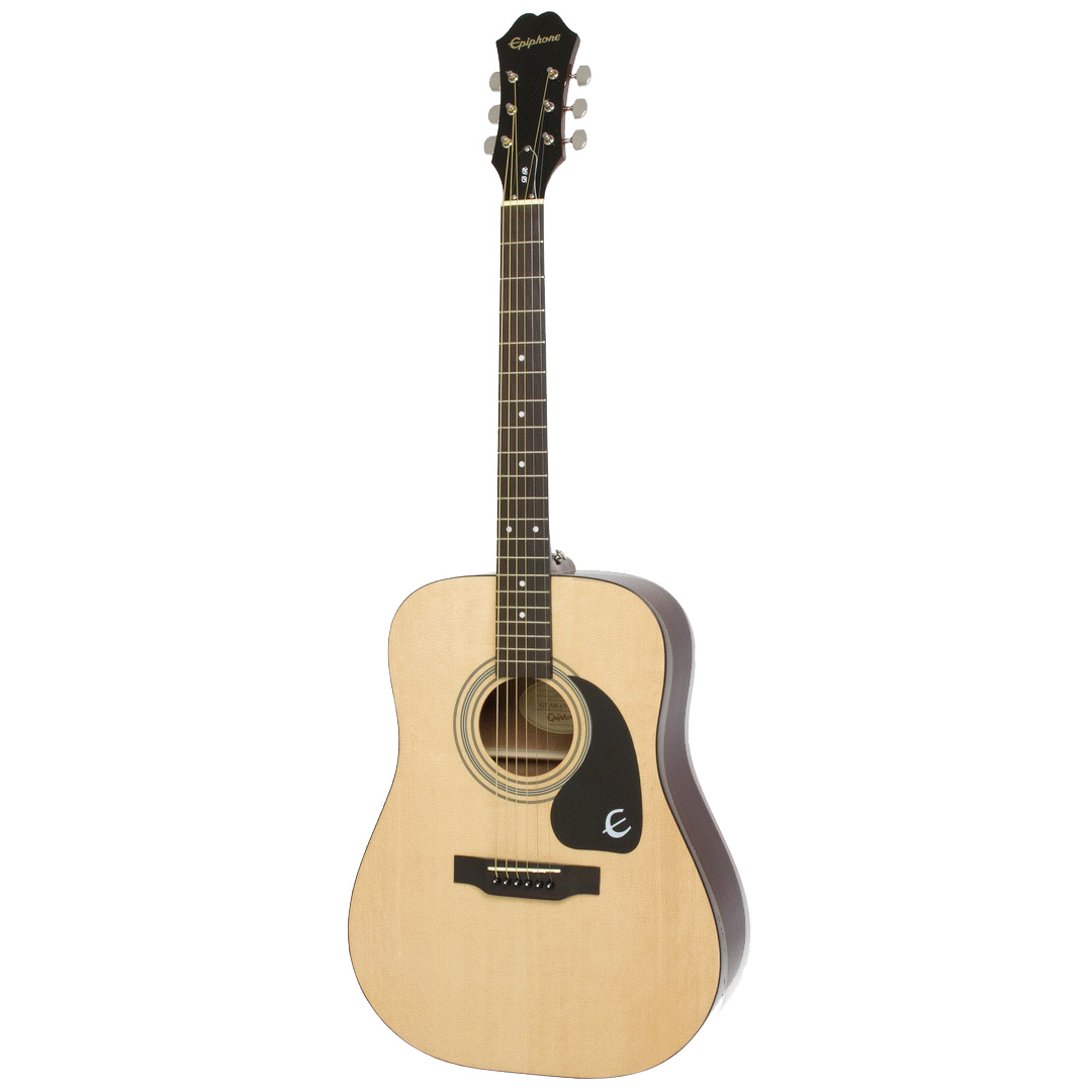 A full-length, straight-on view of an Epiphone DR100 Acoustic NA Guitar with a natural wood finish, black pickguard with the Epiphone E logo, and a dark fretboard against a white background.