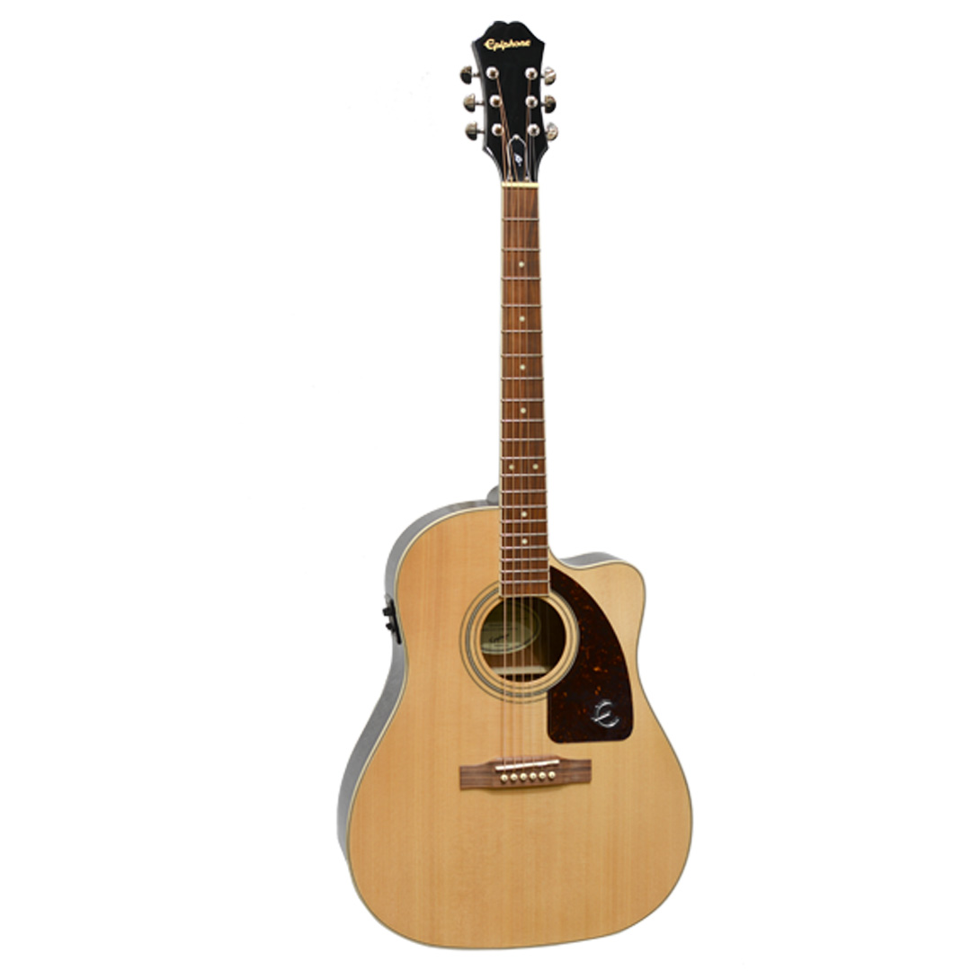 A full-length, straight-on view of an Epiphone J45EC Studio Natural Acoustic Electric Guitar featuring a natural finish, a rounded cutaway, a tortoiseshell pickguard with the Epiphone E logo, and dot inlays on a dark fretboard against a white background.