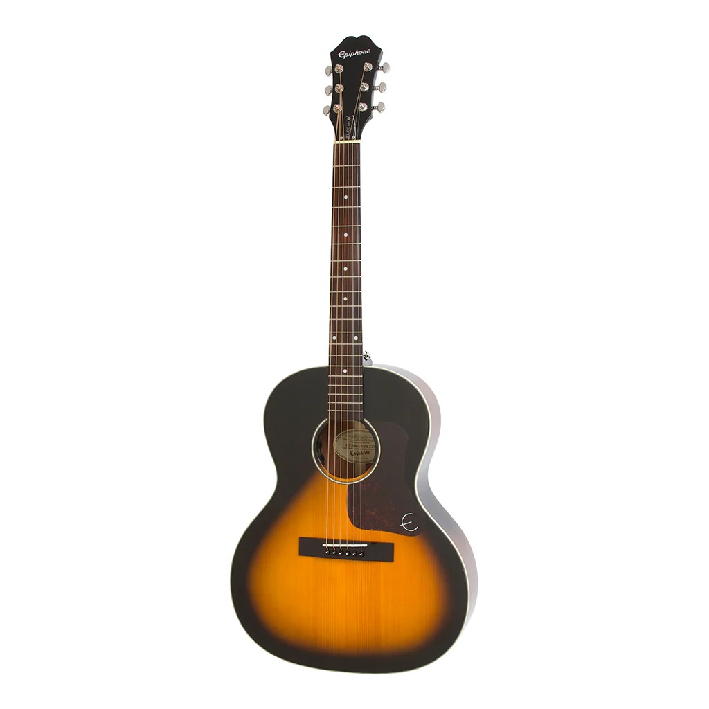 A full-length, straight-on view of an Epiphone EL00 VS Pro Acoustic Electric Guitar featuring a vintage sunburst finish on a smaller parlor-style body, a tortoiseshell pickguard with the Epiphone E logo, and a dark fretboard against a white background.
