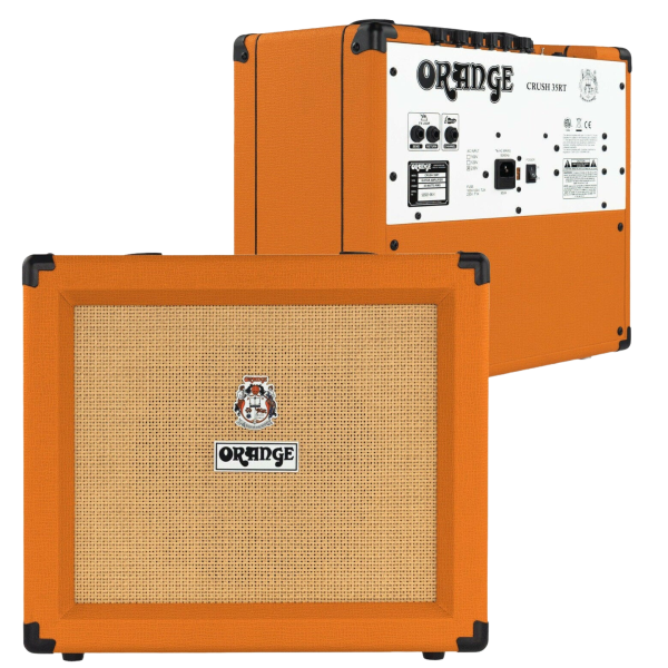 The Orange Crush 35RT guitar amplifier featuring classic orange Tolex and basketweave grille cloth, with an inset shot showing the rear input and output panel.