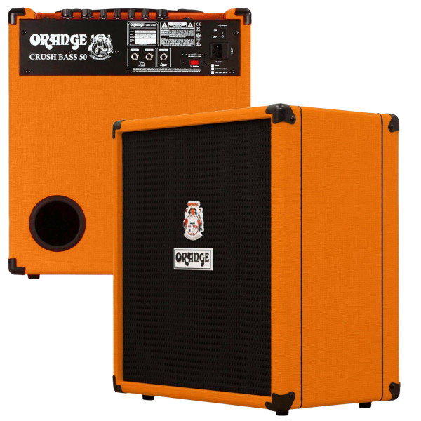 The Orange Crush Bass 50 amplifier displaying its orange textured exterior and dark grille, accompanied by an inset image of the rear panel detailing connections.