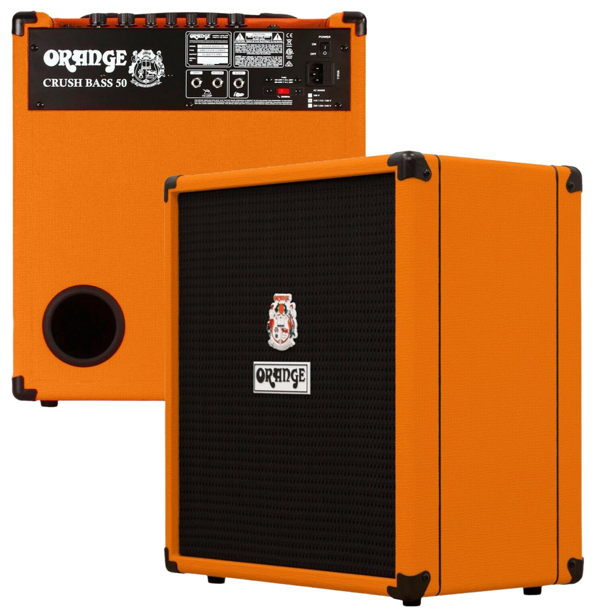 The Orange Crush Bass 50 amplifier displaying its orange textured exterior and dark grille, accompanied by an inset image of the rear panel detailing connections.