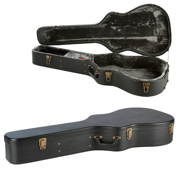 Armour APCW12 black acoustic guitar hardcase displaying a closed exterior view, with an inset of the open case revealing a grey plush interior with a red pull-tab.