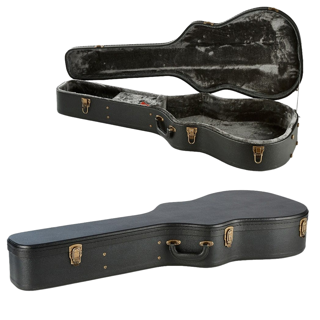 Armour APCW12 black acoustic guitar hardcase displaying a closed exterior view, with an inset of the open case revealing a grey plush interior with a red pull-tab.