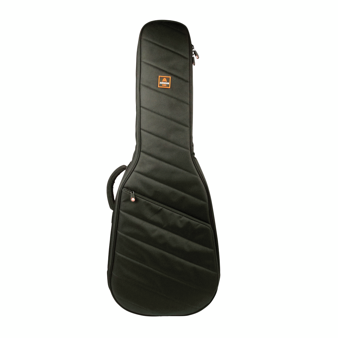 A black padded classical guitar gig bag with diagonal stitching, an orange Armour Uno logo, a side handle, and a zippered front compartment.