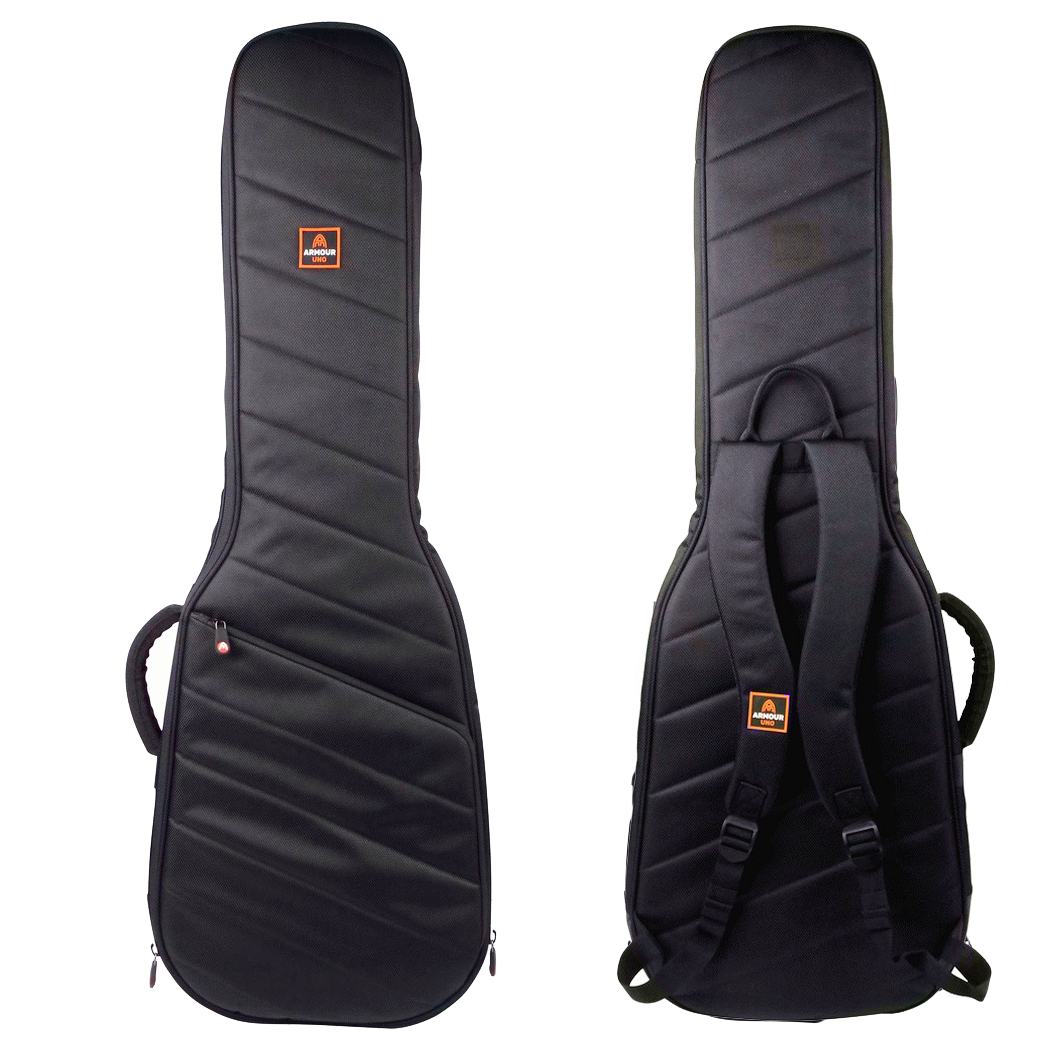 Front and back views of a black padded electric guitar gig bag showcasing diagonal stitching, orange Armour Uno logos, a side handle, and padded backpack straps.