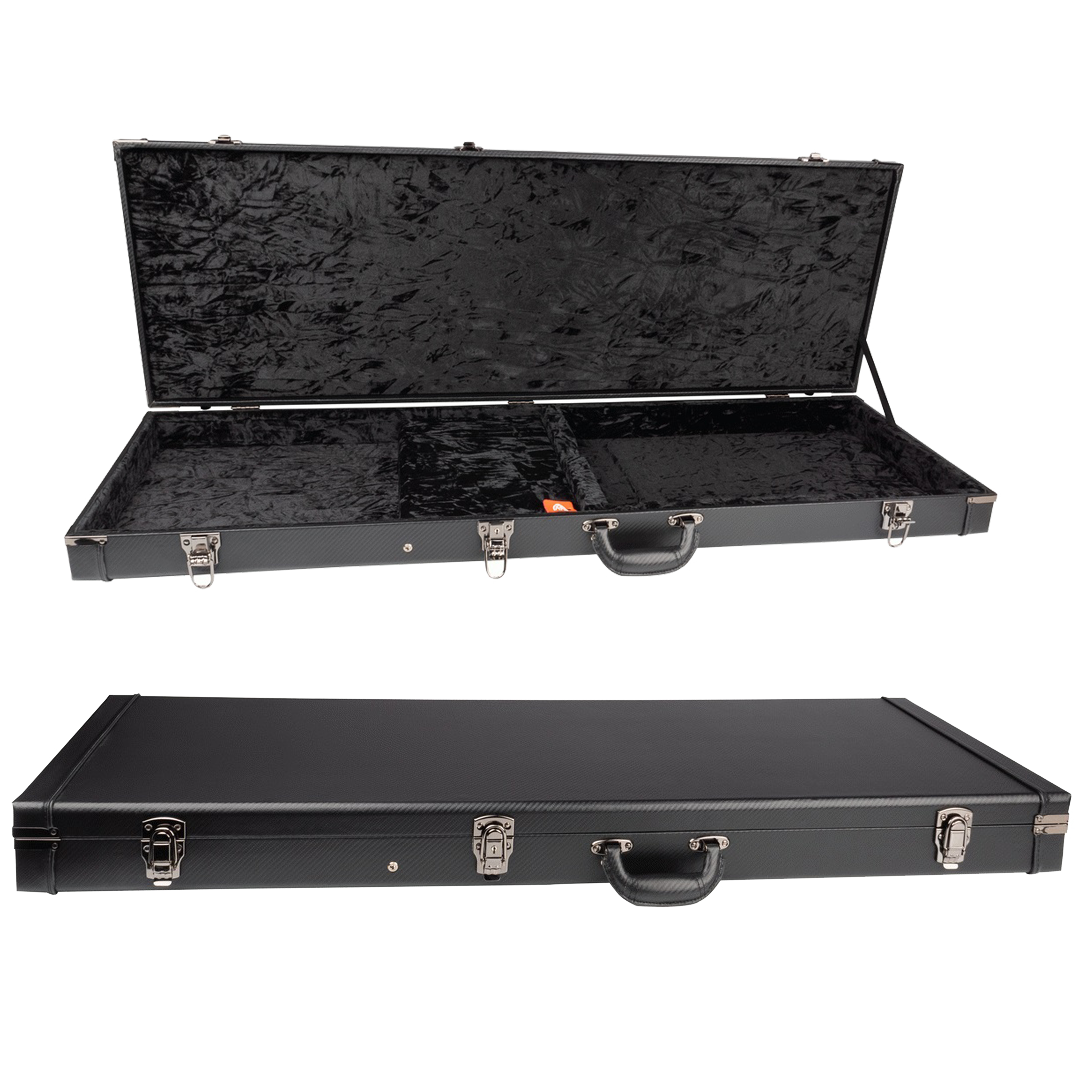 An open black rectangular bass guitar case showing black plush lining and an internal storage compartment, positioned above a closed view revealing three silver latches and a carrying handle.