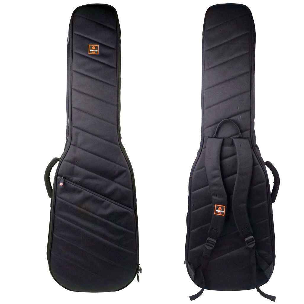 Front and back views of a black padded bass guitar gig bag with diagonal stitching, an orange Armour Uno logo, a zippered pocket, and dual backpack straps.