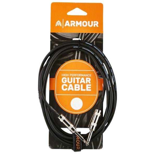 A coiled black Armour brand high-performance guitar cable secured to its orange and black cardboard packaging against a white background. The packaging features the Armour logo and large text reading "HIGH PERFORMANCE GUITAR CABLE". The black cable has white text printed along its length that reads "ARMOUR PROFESSIONAL LOW-NOISE INSTRUMENTAL CABLE". Two silver 1/4-inch metal jack connectors with knurled grips are visible at the bottom of the coil, held together by a black Armour-branded strap.