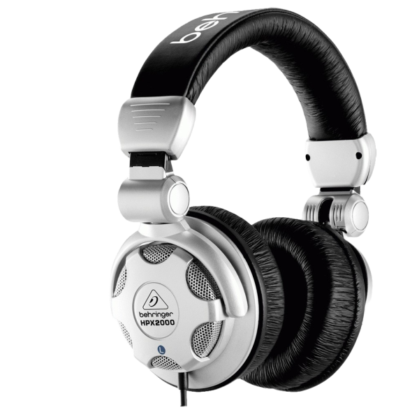 Silver and black Behringer HPX2000 over-ear DJ headphones featuring round earcups and an attached cable.