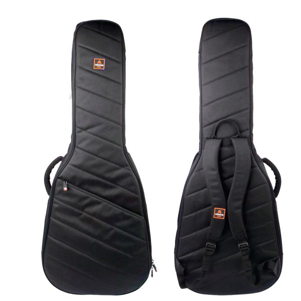 Front and back views of a black padded acoustic guitar gig bag with diagonal stitching, an orange Armour Uno logo, a front pocket, and adjustable backpack straps.