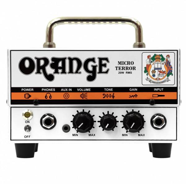 Front view of the Orange Micro Terror 20W amplifier head showing the white casing, volume, tone, and gain knobs, aux input, headphone jack, and classic Orange logo.