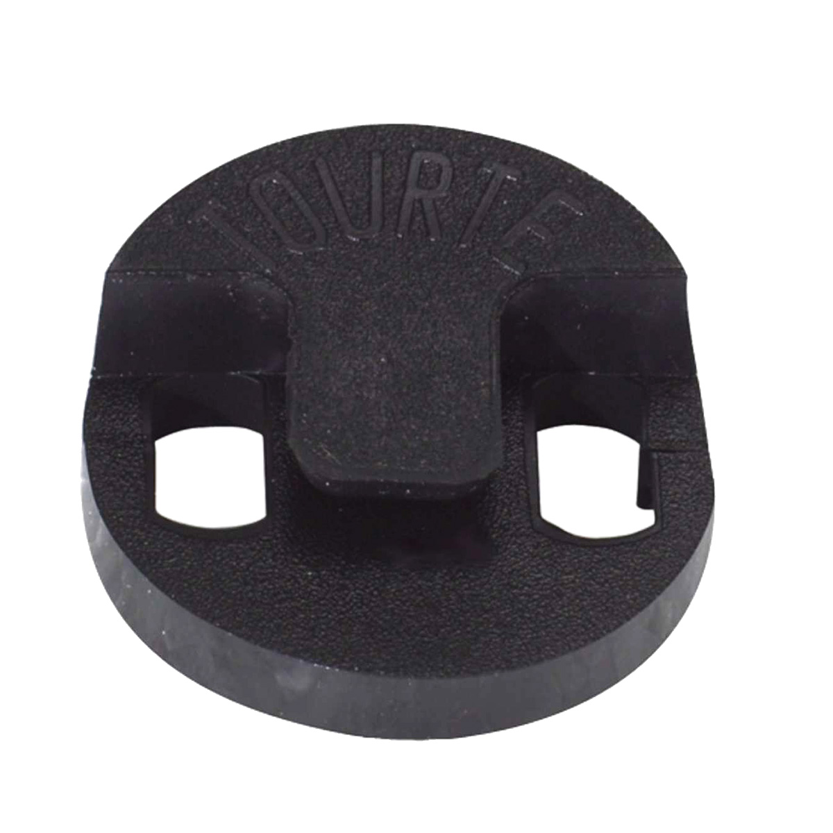 A close-up of a circular black rubber Tourte violin mute featuring two cut-out holes, a central mounting clip, and the word TOURTE molded into the top surface.