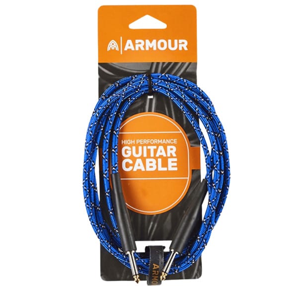 A coiled Armour brand high-performance guitar cable with a blue, black, and white woven python-patterned sheath. The cable is attached to an orange and black cardboard backing that reads "HIGH PERFORMANCE GUITAR CABLE." At the bottom of the coil, two straight black 1/4-inch jack connectors with gold tips are held in place by an Armour-branded reusable strap.