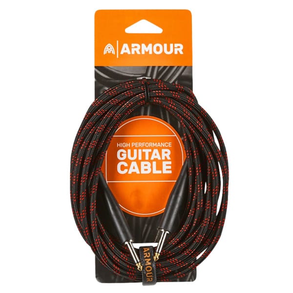 A coiled Armour high-performance guitar cable with a black and red woven sheath. The cable is mounted on an orange and black cardboard package that reads "HIGH PERFORMANCE GUITAR CABLE." It features two straight black 1/4-inch