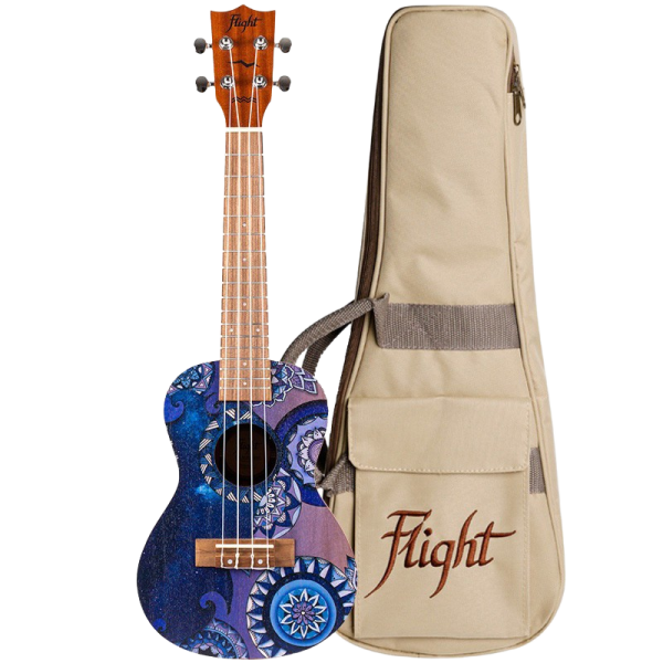 Concert ukulele with a purple and blue cosmic mandala graphic, standing next to a beige Flight branded gig bag with a shoulder strap.