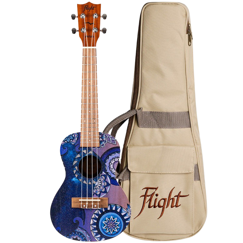 Concert ukulele with a purple and blue cosmic mandala graphic, standing next to a beige Flight branded gig bag with a shoulder strap.