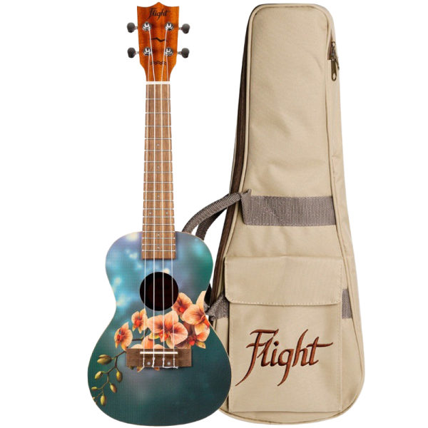 Concert ukulele with an orange orchid floral graphic against a teal surface, standing next to a beige Flight branded gig bag with a shoulder strap.