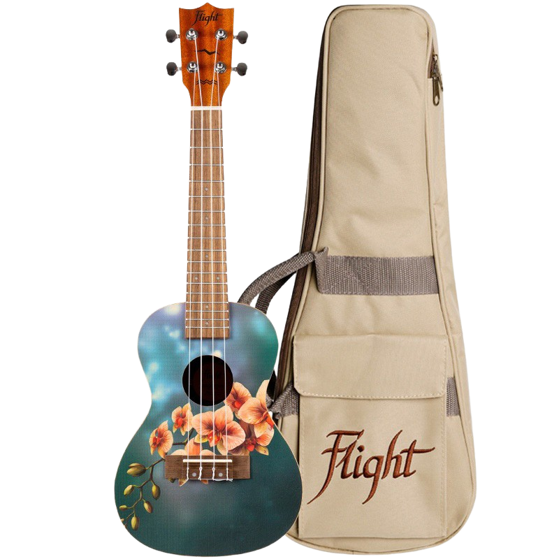 Concert ukulele with an orange orchid floral graphic against a teal surface, standing next to a beige Flight branded gig bag with a shoulder strap.