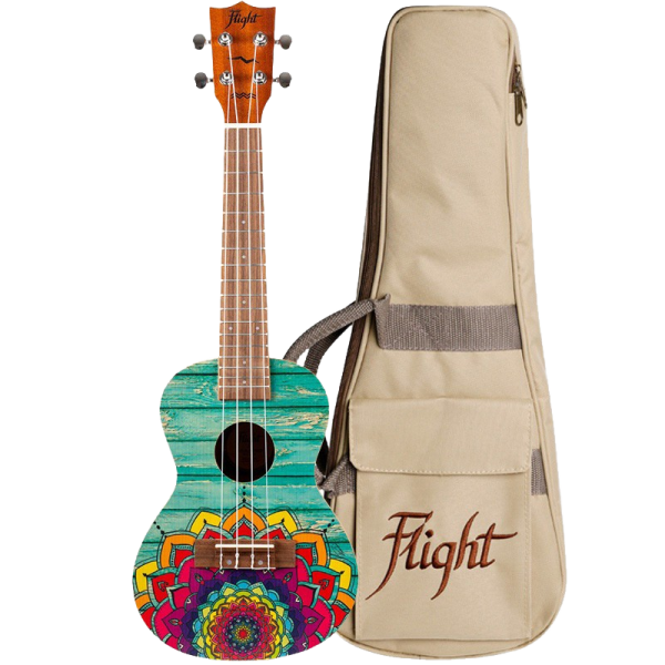 Concert ukulele with a colourful mandala graphic on a simulated wood plank pattern, standing next to a beige Flight branded gig bag with a shoulder strap.