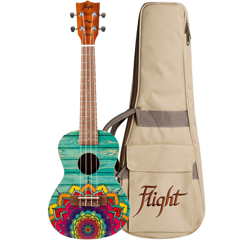 Concert ukulele with a colourful mandala graphic on a simulated wood plank pattern, standing next to a beige Flight branded gig bag with a shoulder strap.