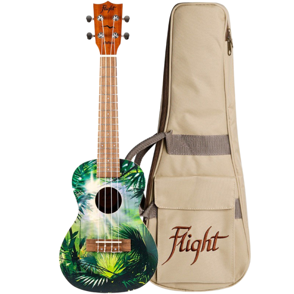 Concert ukulele with a green jungle foliage graphic, standing next to a beige Flight branded gig bag with a shoulder strap.