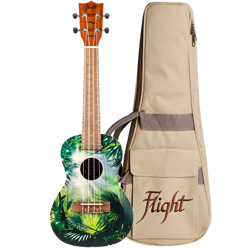 Concert ukulele with a green jungle foliage graphic, standing next to a beige Flight branded gig bag with a shoulder strap.