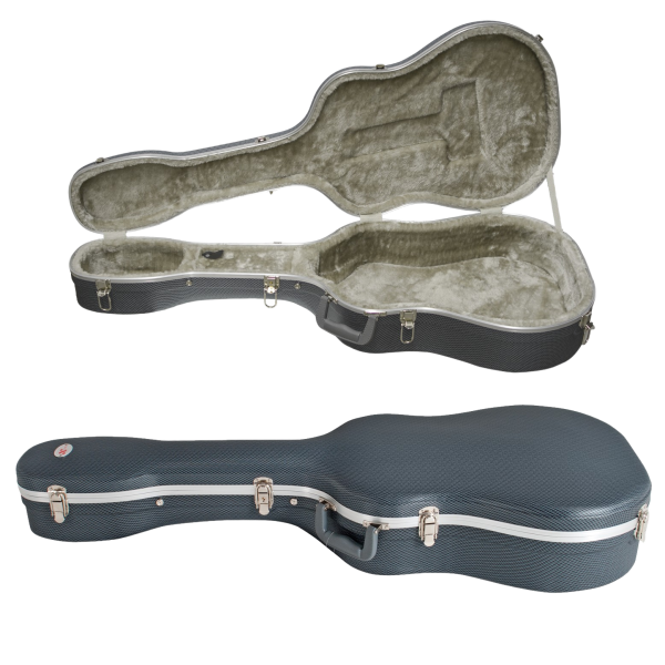 Open acoustic guitar case revealing a grey plush interior, positioned above a closed dark grey case with multiple silver latches and a molded handle.