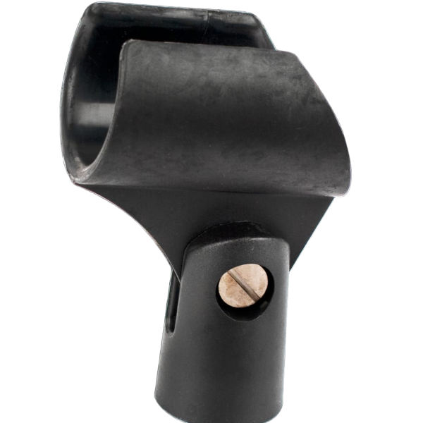 Black wide-barrel flexible rubber microphone clip with a swivel adjustment point and visible brass threading.