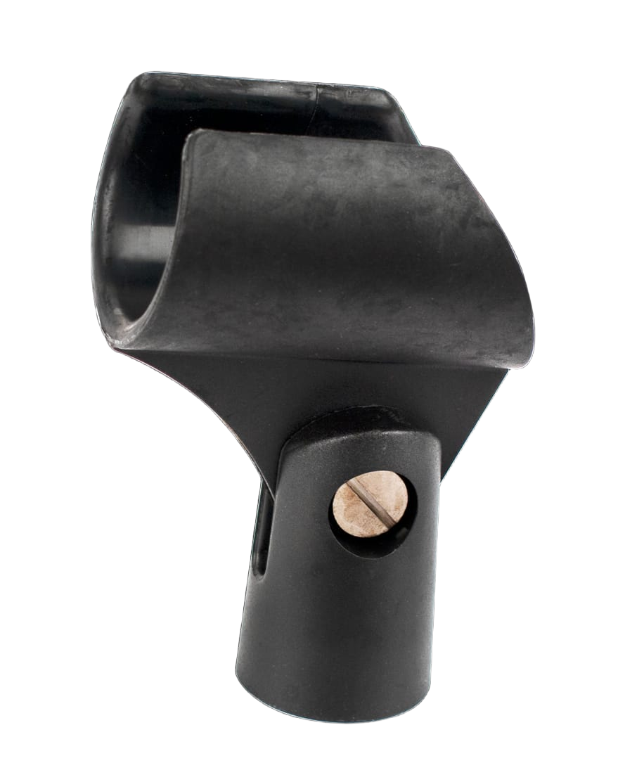 Black wide-barrel flexible rubber microphone clip with a swivel adjustment point and visible brass threading.