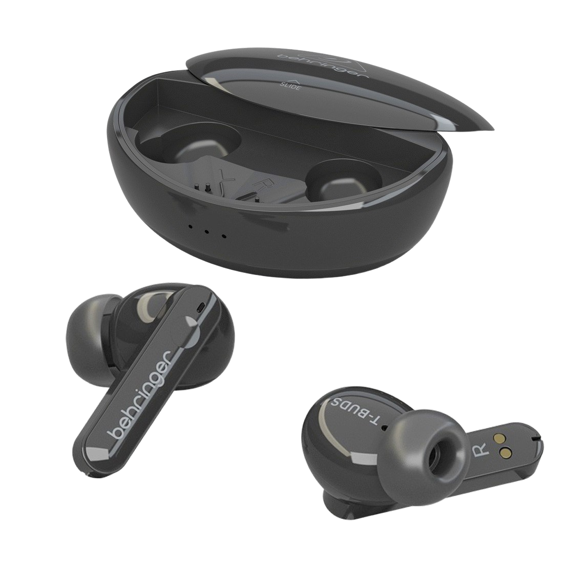 Two black Behringer T-Buds wireless earbuds displayed on a white surface next to an open, empty black charging case and three pairs of replacement silicone ear tips.