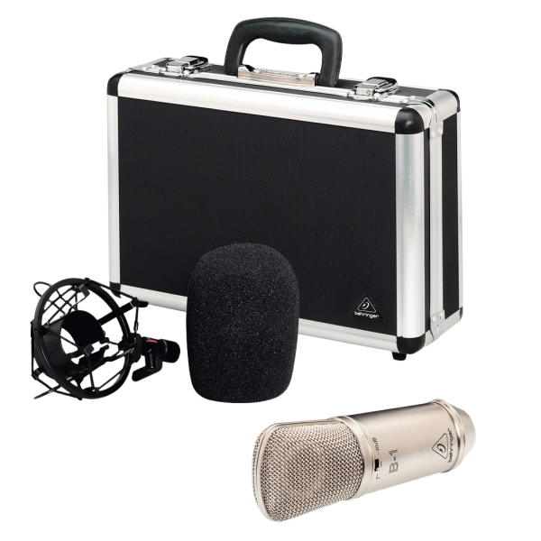 : A silver Behringer B-1 condenser microphone shown next to a silver metal carrying case, a black foam windscreen, and an elastic shock mount.