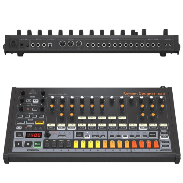 An overhead view of the Behringer RD-8 MKII drum machine, featuring numerous control knobs and sixteen multi-colored sequencer buttons along the bottom edge.