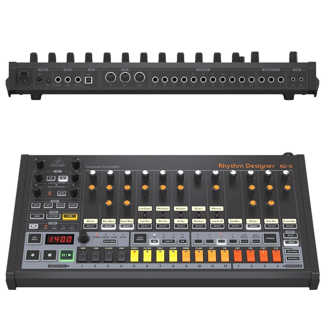 An overhead view of the Behringer RD-8 MKII drum machine, featuring numerous control knobs and sixteen multi-colored sequencer buttons along the bottom edge.