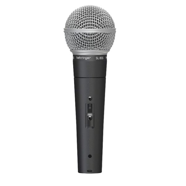 A grey Behringer SL 85S dynamic microphone with an on/off switch, pictured next to a black microphone stand clip and a black zippered soft pouch.