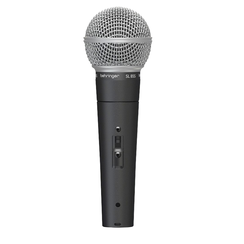 A grey Behringer SL85S dynamic microphone with an on/off switch,