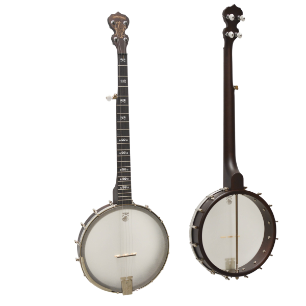 A side-by-side front and back view of a 5-string banjo. The left shows the front featuring a light-coloured head, dark fingerboard with ornate inlays, and a shaped peghead with tuning pegs. The right shows the open back revealing the interior wooden rim and the dark-stained neck and back of the headstock.