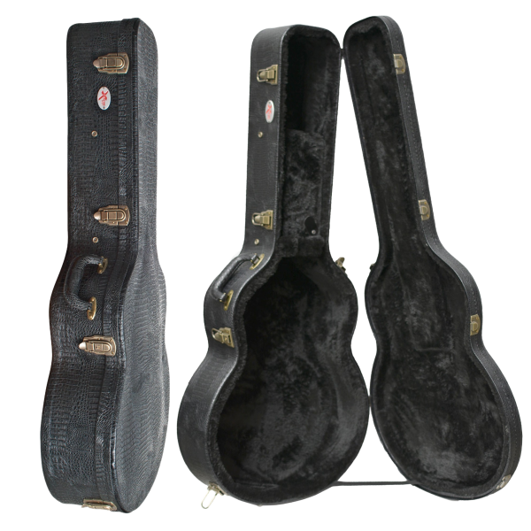 Shaped black jumbo acoustic guitar hard case with a textured crocodile finish shown open, closed, and standing upright, featuring antique brass latches, a red oval Xtreme logo badge, and a black plush interior.