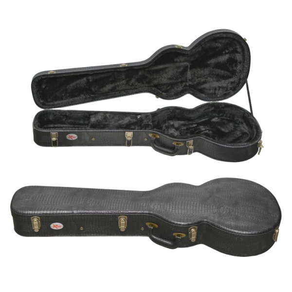 Shaped black single-cutaway electric guitar hard case with a textured crocodile finish shown open and closed, featuring antique brass latches, a red oval Xtreme logo badge, and a black plush interior.