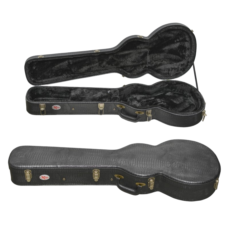 Shaped black single-cutaway electric guitar hard case with a textured crocodile finish shown open and closed, featuring antique brass latches, a red oval Xtreme logo badge, and a black plush interior.